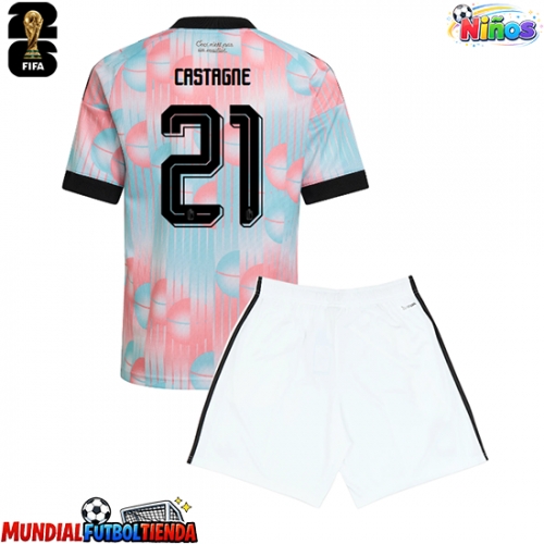 Camiseta Bélgica Timothy Castagne #21 Segunda Equipación Replica Mundial 2026 para niños mangas cortas (+ Pantalones cortos)